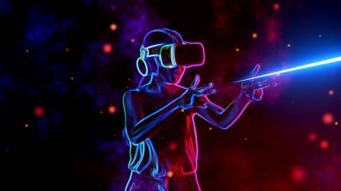Heyecanlı, gülümseyen bir kadın VR 'ı açarken metaevren transferi yapıyor. 3D hologram oyun alanı savaşında, ışık saçan Bokeh galaksisi siberalayı ile birlikte el yapımı mermi tabancası lazeri kullanıyor. Halüsinasyon.