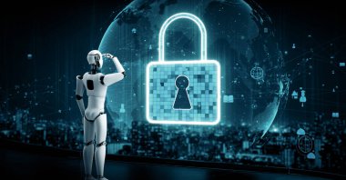 MLP 3d illüstrasyon yapay zeka robot robotu çevrimiçi sunucuda veri depolamak için bulut hesaplama teknolojisi kullanır. Makine öğrenme süreciyle analiz edilen gelecekteki bulut bilgi depolama kavramı. 3B görüntüleme