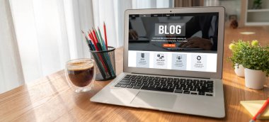 blogging concept, web blog Social Media Information network snugly. social media online content, freelance worker, working online, content creator, blogger, website, reading blog online on computer