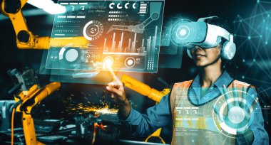 Dijital sanayi ve fabrika robotu teknolojisi için MLP Gelişmiş Robot Kol Sistemi. İnternet ağına bağlı IOT yazılımı kullanarak endüstri mühendisliği tarafından kontrol edilen otomasyon üretim robotu.