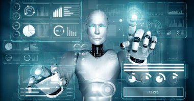 MLP 3d illüstrasyon yapay zeka kullanarak makine öğrenme sürecini kullanarak büyük veri analitiği kavramını gösteren sanal sanal ekrana dokunan yapay robot yapay zeka. 3B görüntüleme.