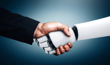 MLP 3D illüstrasyon insansı robot tokalaşması. Yapay zeka, yapay zeka ve 4. Endüstriyel Devrim için makine öğrenme sürecinin gelecekteki teknoloji gelişimine yardımcı olmak için..