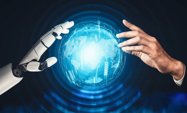 MLP 3D yorumlama fütüristik robot teknolojisi geliştirme, yapay zeka yapay zeka ve makine öğrenme kavramı. İnsan hayatının geleceği için küresel robot biyonik bilim araştırması.