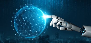 MLP 3D Rending futuristik robot teknolojisi geliştirme, yapay zeka yapay zeka ve makine öğrenme konsepti. İnsan hayatının geleceği için küresel robot biyonik bilim araştırması.