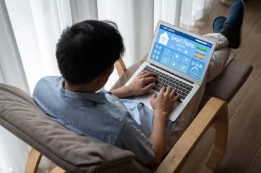 Smart home technology, centric remote control system with digital dashboard for air conditioning, safety security network or house automation. App software, ui panel programming IOT monitor snugly