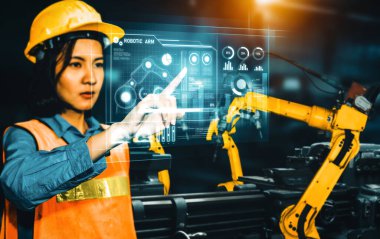 Dijital sanayi ve fabrika robotu teknolojisi için MLP Gelişmiş Robot Kol Sistemi. İnternet ağına bağlı IOT yazılımı kullanarak endüstri mühendisliği tarafından kontrol edilen otomasyon üretim robotu.