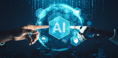 MLP 3D yorumlama fütüristik robot teknolojisi geliştirme, yapay zeka yapay zeka ve makine öğrenme kavramı. İnsan hayatının geleceği için küresel robot biyonik bilim araştırması.