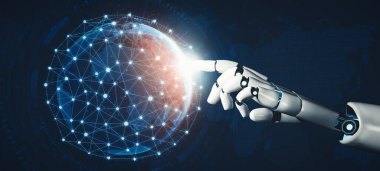 MLP 3D yorumlama fütüristik robot teknolojisi geliştirme, yapay zeka yapay zeka ve makine öğrenme kavramı. İnsan hayatının geleceği için küresel robot biyonik bilim araştırması.