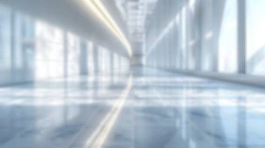 Modern lobinin bulanık arka planı, dalga gibi bir duvar tasarımı ve geniş pencereleri var. Güneş ışığı parlayan beyaz koridor. Şık ve sanatsal ofis alanı. Poster, duvar kağıdı ve afiş için tasarım. Aktar.