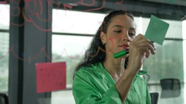 Genç İspanyol çalışanlar renkli yapışkan notlar yazıyorlar. Akıllı iş kadını pazarlama fikrini, beyin fırtınası stratejisini, iş planını paylaşıyor. Proje yöneticisi zihin haritası çiziyor. - Yakın çekim. Yönlendirici.