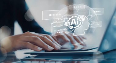 Yapay zeka sanal asistanı Chatbot ile yapay zeka konsepti ile insan etkileşimi, yapay zeka mühendisliği, LLM yapay zeka derin öğrenimi iş desteği için üretken yapay zeka kullanımı. EIDE