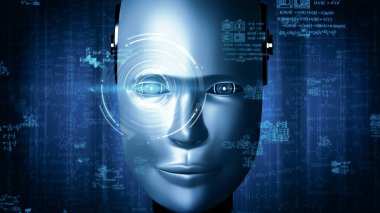 MLP 3D illüstrasyon robot hominoidi, yapay zeka ve 4. Endüstriyel Endüstri için makine öğrenme süreci olan yapay zeka ve yapay zeka tarafından yapılan mühendislik bilimi çalışmasının grafik konseptiyle yakından ilgilenir.