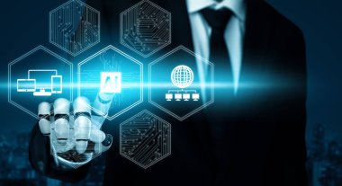 MLP 3D Rending futuristik robot teknolojisi geliştirme, yapay zeka yapay zeka ve makine öğrenme konsepti. İnsan hayatının geleceği için küresel robot biyonik bilim araştırması.