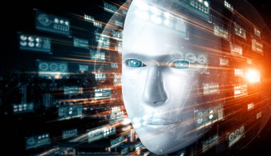 MLP 3D illüstrasyon robotu insansı yüzü, 4. endüstriyel endüstriyel için yapay zeka ve makine öğrenme sürecinin yapay zeka ve yapay zeka tarafından büyük veri analizinin grafiksel konsepti ile kapatılıyor.