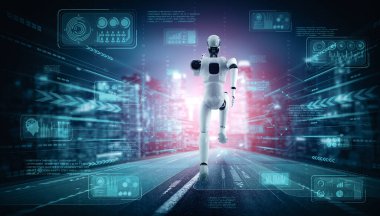 MLP 3D illüstrasyon. Hızlı hareket eden robot insanımsı robot, yapay zeka ve yapay zeka geliştirme kavramının gelecekte geliştirilmesi için gerekli enerjiyi makine öğrenmesiyle gösteriyor.