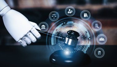 Yapay zeka yasası ve hukuki hukuk düzenlemeleri teknolojisini tasvir eden hukuki bilgilerle avukatlık bürosunda avukatlık araçları kullanan yapay zeka ile ilgili AI robot el tarafından gösterilen etik hukuk kavramı