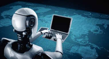 MLP 3D illüstrasyon robotu insansı dizüstü bilgisayarı kullanın ve 4. Endüstriyel Endüstri için yapay zeka ve makine öğrenme sürecini kullanarak küresel ağ bağlantısı için masaya oturun