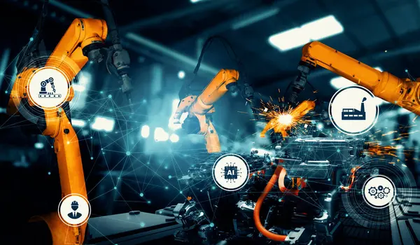 stock image MLP Mechanized industry robot arm for assembly in factory production line. Concept of artificial intelligence for industrial revolution and automation manufacturing process.