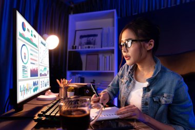 Gülümseyen genç, güzel Asyalı yaratıcı satış hedefi raporunun kar tablosuna bakıyor ve notlar üzerine notlar yazarak neon ışığı gecesinde yeni bir strateji pazarı projesine yatırım yapmayı planlıyor. Taktik.