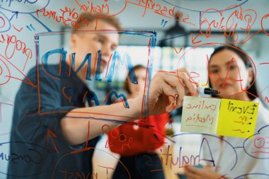 Yaratıcı iş adamları, cam toplantı odasında zihin haritası renkli yapışkan bir notla projeyi başlatma fikrini tartışarak ve paylaşarak beyin fırtınası yapıyorlar. Birlikte çalışmak. Tertemiz..