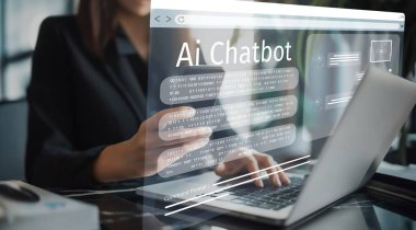 Yapay zeka sanal asistanı Chatbot ile yapay zeka konsepti ile insan etkileşimi, yapay zeka mühendisliği, LLM yapay zeka derin öğrenimi iş desteği için üretken yapay zeka kullanımı. EIDE