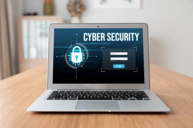 Bilgisayar ekranındaki siber güvenlik sistemi özel bilgileri bilgisayar korsanlarından ve siber saldırılardan koruyor.