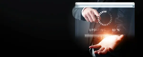 stock image Business person invests in updating knowledge and software, ensuring updated competitiveness. Prioritizing continuous update and upgrading for both knowledge and software efficiency update. FaaS