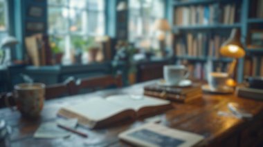 Çiçek açan dalın bulanık arkaplanı ve bir fincan sıcak kahve, bahçe manzaralı ahşap masanın üzerine yerleştirilmiş kitap yığını. Davetiye kartı için tasarım. Bahar mevsimi konsepti. Aktar.