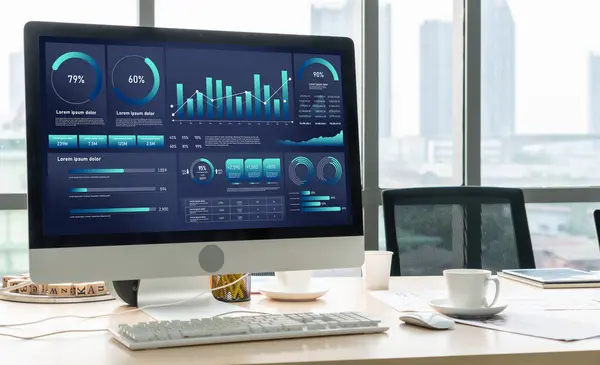 stock image Business data dashboard provide business intelligence analytic for marketing strategy planning snugly with big data set to analyze customer demands and foreseeing business future