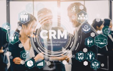 İş satış pazarlama sistemi konsepti için CRM Müşteri İlişkileri Yönetimi CRM veritabanı analizini desteklemek için hizmet uygulamasının fütüristik grafik arayüzünde sunulmuştur. uds