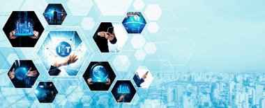 İletişim teknolojisi, akıllı bağlantı IOT ve insan ağ teknolojisi kavramı. Güvenli internet ağına ve bulut hesaplama sunucusuna bağlanmak için bağlantı aygıtı kullanan insanlar vexel
