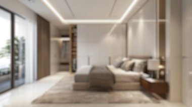 Zarif yatak odasının arka planı bulanık ve doğal ışık. Mobilyalı modern yatak odası tasarımı. Lüks ev iç tasarımı. Poster, duvar kağıdı, afiş, başlık için tasarım. Aktar.