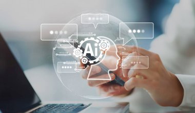 Yapay zeka sanal asistanı Chatbot ile yapay zeka konsepti ile insan etkileşimi, yapay zeka mühendisliği, LLM yapay zeka derin öğrenimi iş desteği için üretken yapay zeka kullanımı. EIDE