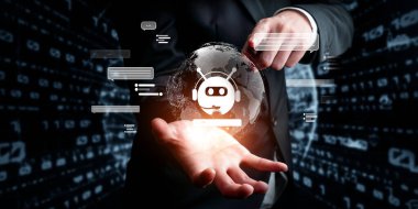 Yapay zeka sanal asistanı Chatbot ile yapay zeka konsepti ile insan etkileşimi, yapay zeka mühendisliği, LLM yapay zeka derin öğrenimi iş desteği için üretken yapay zeka kullanımı. FaaS