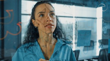 Genç İspanyol çalışanlar renkli yapışkan notlar yazıyorlar. Akıllı iş kadını pazarlama fikrini, beyin fırtınası stratejisini, iş planını paylaşıyor. Proje yöneticisi zihin haritası çiziyor. - Yakın çekim. Yönlendirici.