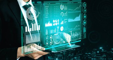 İş Mali Analitik Konsepti için Büyük Veri Teknolojisi. Modern arayüz ekranda iş satış raporları, kâr tablosu ve borsa eğilimleri analizleri hakkında muazzam bilgiler gösteriyor. uds