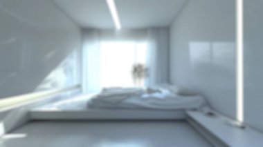 Zarif yatak odasının arka planı bulanık ve doğal ışık. Mobilyalı modern yatak odası tasarımı. Lüks ev iç tasarımı. Poster, duvar kağıdı, afiş, başlık için tasarım. Aktar.