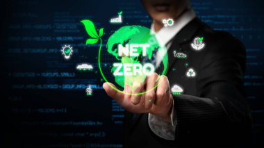 Sürdürülebilirlik simgeleriyle çevrili dijital küre, karbon emisyonlarını azaltma ve çevresel dengeyi sağlama amacını temsil etmektedir