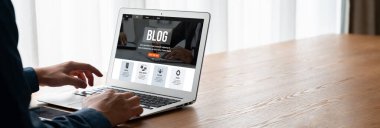 blogging concept, web blog Social Media Information network snugly. social media online content, freelance worker, working online, content creator, blogger, website, reading blog online on computer