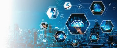 İletişim teknolojisi, akıllı bağlantı IOT ve insan ağ teknolojisi kavramı. Güvenli internet ağına ve bulut hesaplama sunucusuna bağlanmak için bağlantı aygıtı kullanan insanlar vexel