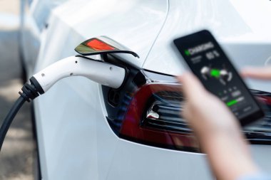 EV 'yi şarj etmek için elektrikli araca EV şarj prizi tak, akıllı telefon EV uygulamasında pil durumu görüntüsü. Ulaşım için alternatif temiz ve sürdürülebilir enerji. Kalıcı