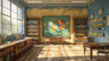 Renkli çocuk sınıfının parlak duvar resimli ve renkli posterlerle süslenmiş bulanık arkaplanı. Eğitimsel alanlar için iç tasarım modeli. Eğitici çevre konsepti. Aktar.