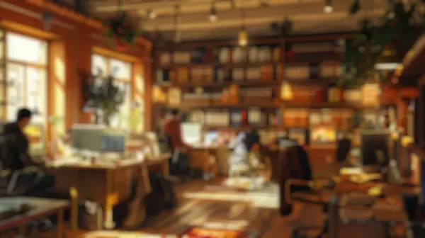 stock image Blur background of wood-paneled library with students engaged in study, large windows showing autumn trees. Academic research and learning environment concept. Design for educational program. Spate.