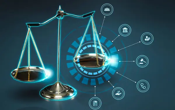 stock image Smart law, legal advice icons and lawyer working tools in the lawyers office showing concept of digital law and online technology of savvy law and regulations .