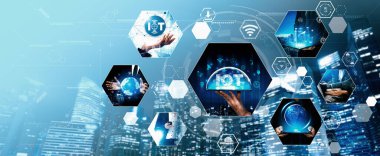 İletişim teknolojisi, akıllı bağlantı IOT ve insan ağ teknolojisi kavramı. Güvenli internet ağına ve bulut hesaplama sunucusuna bağlanmak için bağlantı aygıtı kullanan insanlar vexel
