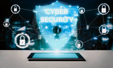 Siber Güvenlik ve Dijital Veri Koruma Konsepti. Simge arayüzü çevrimiçi veri erişim savunması için güvenli güvenlik duvarı teknolojisi gösteriyor. Hackerlara, virüse ve güvensiz bilgilere karşı. uds