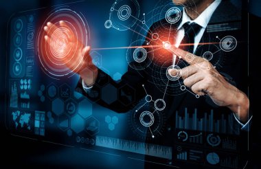 İş Mali Analitik Konsepti için Büyük Veri Teknolojisi. Modern arayüz ekranda iş satış raporları, kâr tablosu ve borsa eğilimleri analizleri hakkında muazzam bilgiler gösteriyor. uds