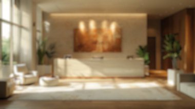 Geniş, modern ofisin arka planında tuğla duvarlar ve bitkilerle dolu büyük pencereler var. Endüstriyel ve çevre dostu iş yeri tasarımı. Poster, duvar kağıdı ve afiş için tasarım. Aktar.