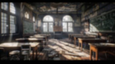 Masayla çevrili kitaplarla dolu büyük pencereli ve ahşap raflı geleneksel kütüphane arkaplanı bulanık. Eğitim ve eğitim kavramı. Posterler, duvar kağıtları için tasarım. Aktar.