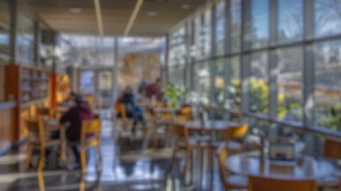 Geniş halk kütüphanesinde geniş pencereli ve doğal manzaralı bir kitap okuyan çocukların bulanık arkaplanı. Doğal ışık iç fotoğrafçılık. Topluluk ve öğrenme ortamı kavramı. Aktar.